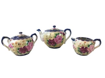 Te-Oh China Nippon Hand Painted Tea Set, Rose Pattern With Cobalt Blue Edge - #FS-6