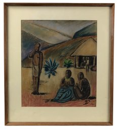 African Village Landscape Pastel On Paper, Signed - #B3