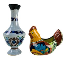 Tonala Mexico Blue Pottery Vase & Talavera Mexico Ceramic Chicken Planter - #FS-5
