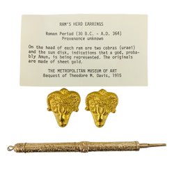 Metropolitan Museum Of Art Rams Head Earrings & Gold Wash Mechanical Pencil - #JC-L