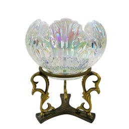 Fenton Empress Lotus French White Opalescent Rose Bowl With Brass Stand - #S14-3