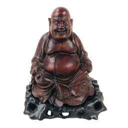 Carved Wood Laughing Buddha Statue (Made In Hong Kong) - #S14-2