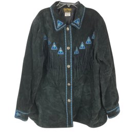 Bob Mackie Wearable Art Black Suede Leather Western Fringe Jacket, Women's Size Large - #CR