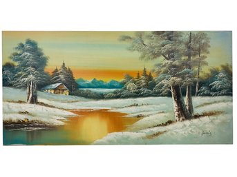 Cabin In Winter Oil On Canvas Painting, Signed Harris - #SW-5