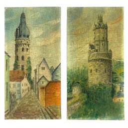 Antique German Tower Landscape Oil Paintings - #S12-4