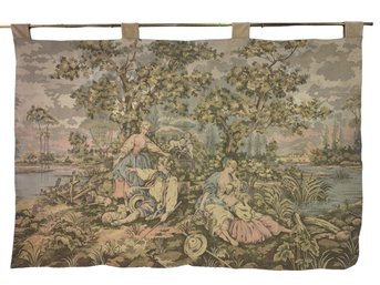 Vintage Romantic French Aubusson Tapestry With Brass Hanging Rod - #SW-9