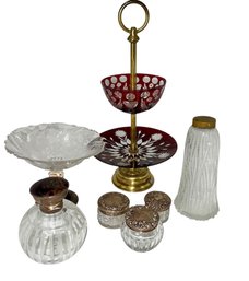 Antique Sterling & Crystal Vanity Jars/Dish , Cranberry Crystal Dessert Stand & More - #S18-1