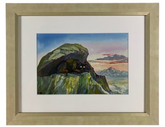 'Cat On The Rocks' Watercolor Painting, Signed Michael Eisele - #BR-5