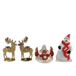 Department 56 Snowman Figure, Billy Buttons Snowman & Brass Reindeer Candle Holders - #S2-3