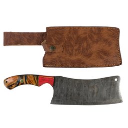 Damascus Steel Meat/Butcher's Cleaver With Leather Sheath - #S7-2