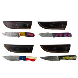 Collection Of Damascus Steel Hunting Knives With Leather Sheaths - #S3-4