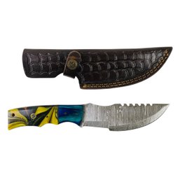 Damascus Steel Hunting Knife With Leather Sheath - #S3-4