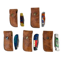 Collection Of Damascus Steel Lockback Pocket Knives With Leather Sheaths - #S3-4
