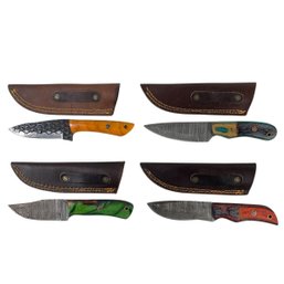 Collection Of Damascus & Carbon Steel Hunting Knives With Leather Sheaths - #S3-4