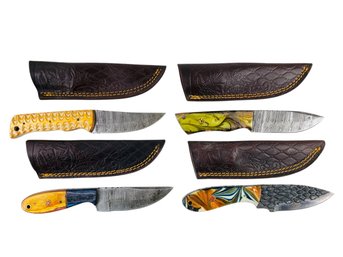 Collection Of Damascus & Carbon Steel Hunting Knives With Leather Sheaths - #S2-4