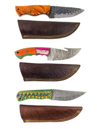 Collection Of Damascus & Carbon Steel Hunting Knives With Leather Sheaths - #S2-4