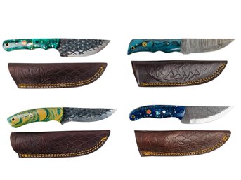 Collection Of Damascus & Carbon Steel Hunting Knives With Leather Sheaths - #S2-4