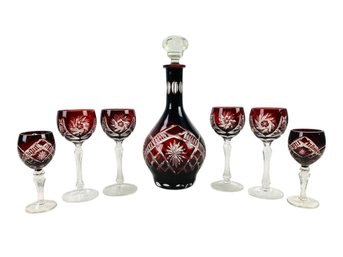 Bohemian Czech Crystal Red Ruby Cut To Clear Glass Decanter Set - #S3-2