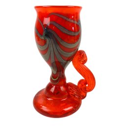 Hand Blown & Painted Orange Glass Goblet With Scroll Handle, Signed - #FS-3