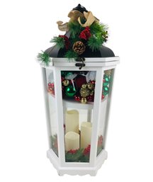 White Christmas Holiday Accent Lantern With LED Candles, Floral & Berry Accents - #W1
