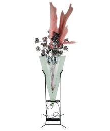 Wrought Iron & Glass Floor Vase With Pink Feather Plumes & Silver-Tone Flowers - #FF