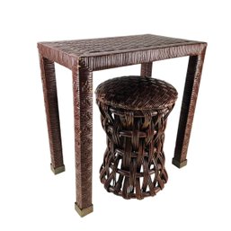 Brown Painted Wicker Desk & Stool Set - #FF