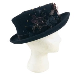Louise Green Black Floral Felt Hat (NEW WITH TAGS - MSRP $275) - #S7-4