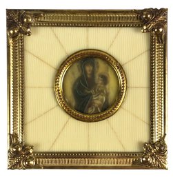 Antique Framed Miniature Hand Painted Enamel Portrait Of Madonna & Child - #S4-2