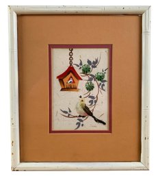 Vintage Signed Indian Feather Art, Faux Bamboo Frame - #BR-5