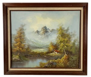 Mountain River Landscape Oil On Canvas Painting, Signed - #SW-2