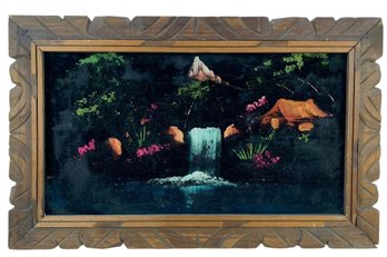 Vintage Waterfall Landscape Painting On Black Velvet - #C1