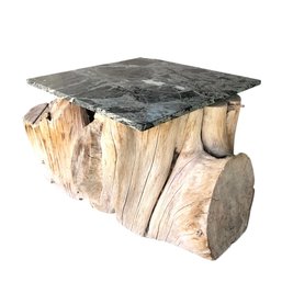 Green Marble Top Natural Tree Stump Coffee Table - #FP