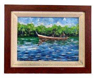 Tribal River Landscape Oil On Board Painting, Signed H. Kleben - #S12-4