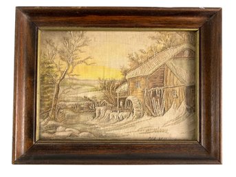 Vintage OLD MILL IN WINTER Framed Embroidery - #S12-3