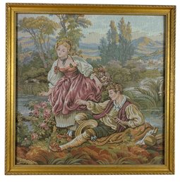 Vintage Gilt Framed Romantic French Aubusson Tapestry - #BR
