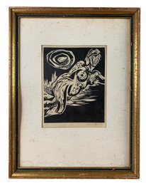 1965 Reclining Female Nude Woodcut Print, Signed Adrienne Parker - #BR