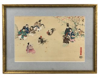 'Ancient Customs Of Japan: Cock Fight' Japanese Woodblock Print By Uchida - #A2