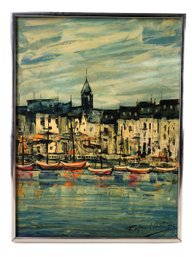 European Boat Harbor Oil On Board Painting, Rafael Ortega (Spain, 1927-2011) - #RBW-W