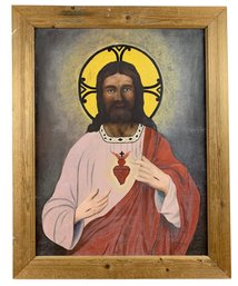 1929 Sacred Heart Of Jesus Christ Oil On Canvas Painting, Signed E.V. Drejza - #BR-4