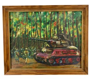Military Battle Tank Oil On Board Painting, Signed Saul Schick - #A2