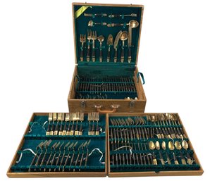 Vintage Siam Thailand Rosewood & Brass 102-Piece Flatware Set With Wood Case - #S2-2