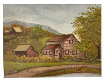 1974 Farmhouse Landscape Oil On Board Painting, Signed Herman Schnidtke - #S13-F