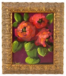 Gilt Framed Peony Still Life Oil On Board Painting, Signed - #A1