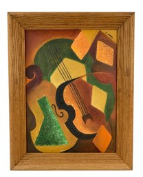 Mid-Century Abstract Musical Instrument Oil On Board Painting, Signed - #A5