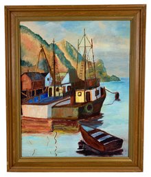 Mid-Century Boat Harbor Oil On Board Painting (After) Arden Von Dewitz - #R3