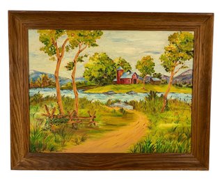 1950 Mid-Century Riverside Barnyard Landscape Oil On Board Painting, Signed R. Rubenstein - #2