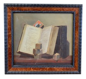 Book & Blocks Still Life Oil On Board Painting, Signed - #A2
