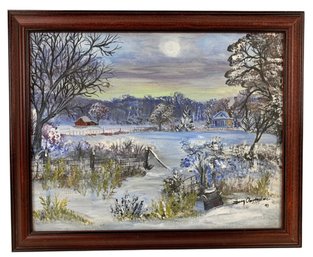 Farmstead Winter Landscape Oil On Canvas Painting, Signed - #A2