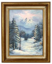 Winter Mountain Cabin Landscape Oil On Canvas Painting, Signed Jamison - #A4