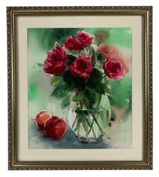 Roses In A Glass Vase Still Life Watercolor Painting, Signed - #A8